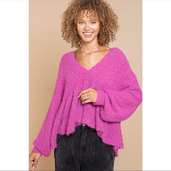 Hot Pink Magenta Balloon Sleeves Popcorn Sweater - Picture 4 of 11